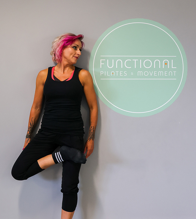 jacqui looking at functional pilates and movement logo